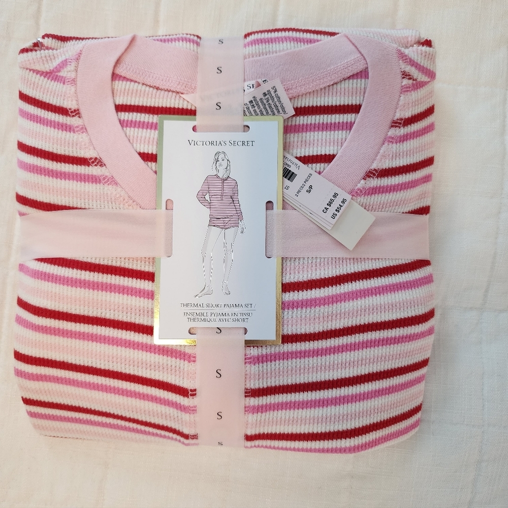 Victoria's Secret Pink and Red Striped Thermal Short Pajama Set Small NWT